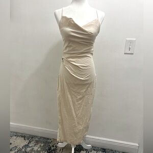 Zara Midi Ecru Dress Strappy Cream Ivory Draped Ruched Side Size M EUC
